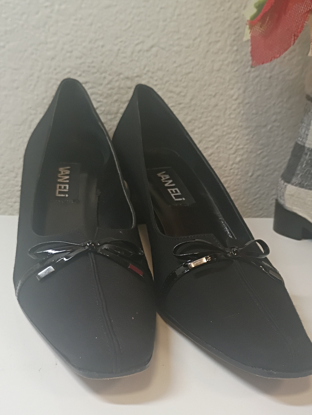 Vaneli Black Pointed Toe Flats with Patent Bow Accent